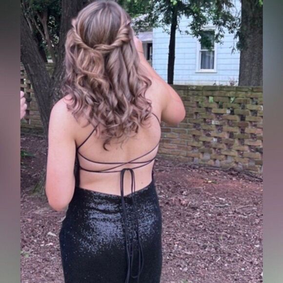 Jovani JVN Prom/Formal Black Sequined V-Neck Open/Lace Up Back Dress Size 4 - Picture 12 of 12